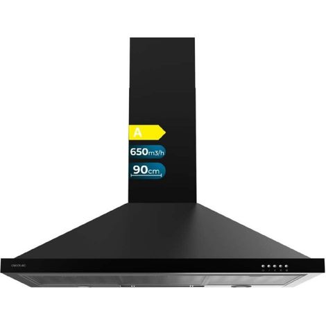 Hotte pyramidale Bolero flux pm 906500 noir a de 90cm de large, finition noire, aspiration 650m3/h, moteur 165w, classe a, commande mécanique, 3 niveaux de de puissance, luz et filtre de carbone. (1/5)