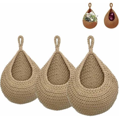 Hand-woven jute wall basket – Set of 3 teardrop-shaped hanging baskets – Fruit and vegetable storage for kitchen and living room (1/5)