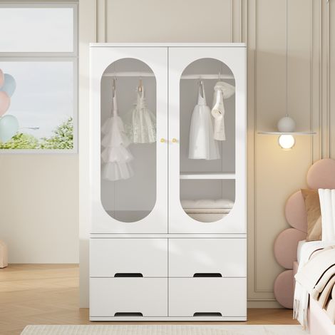 Armadio guardaroba 80 x 42 x 142 cm - ante in vetro temperato ad arco, 2 zone appendiabiti, 4 cassetti - mobile da camera - stile moderno - MDF - bianco (1/5)