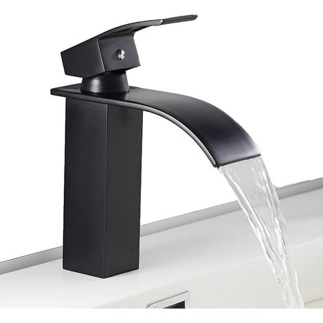 Robinet de Salle de Bain Cascade à Levier Unique Noir, Mitigeur de Lavabo Carré Laiton, Haut Mitigeur Vasque à Poser Eau Chaude et Froide (1/5)