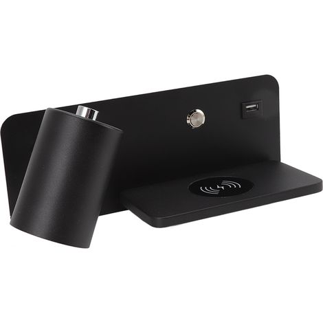 Applique murale LED avec interface USB et chargement sans fil pour salon et chambre, 85-265 V, noire, gauche (1/5)