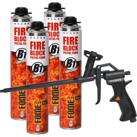 Lot de 4 mousses polyuréthane coupe-feu FOME FLEX Fire Block 750 ml + pistolet à mousse POINT BLACK professionnel (1/5)
