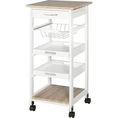 HOMCOM Carrello da Cucina Salvaspazio in Legno Bianco con 4 Ruote 37x37x82cm (1/5)
