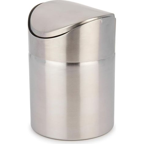 Poubelle Comptoir - 1 Unité - Acier Inoxydable - Couvercle Rabattable - Pour Dosettes Et Sachets - Argent 9,5x9,5x13 Cm (1/4)