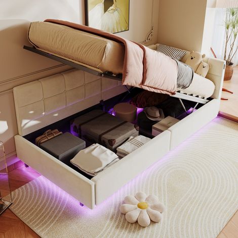 Letto singolo 90x200 cm con LED - Porte USB integrate - tessuto in velluto - letto sospeso - base a doghe - divano letto moderno e letto contenitore - Beige