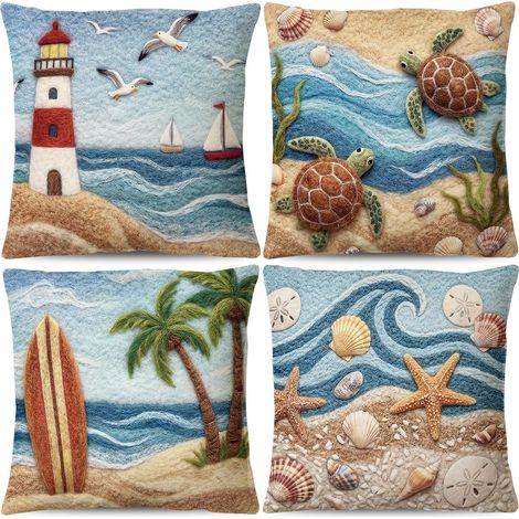 Juego de 4 fundas de cojín "Verano en la playa" - Azul océano - Suave felpa con estampados de estrellas de mar, conchas marinas, palmeras, faros y gaviotas - Decoración cálida para sofá y sala de esta