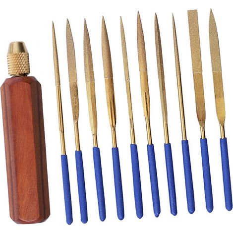 Lot de 11 limes fines en alliage pour bijoutier, bois, métal, plastique, sculpture, manche en palissandre, queue hexagonale, finition dorée titane (1/5)