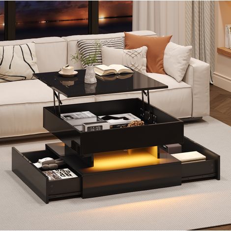 Table basse relevable 65x65x38,5 cm noire en panneaux de particules avec LED et rangement caché (1/5)