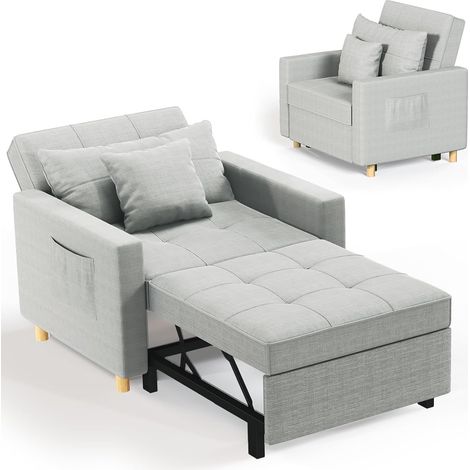 YODOLLA 192cm Schlafsessel 3-in-1 Schlaferstuhl Ausziehbar Schlafstuhl Betten, Schlafsofa mit Seitentasche und Regulierbarer Rückenlehne für Erwachsene Leinenstoff Sofa Bed Chair, Hellgrau