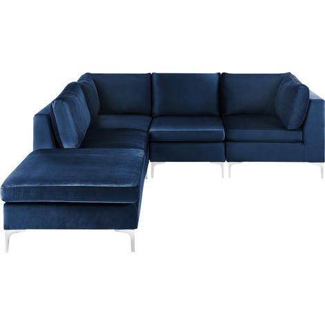 Sofá esquinero 4 plazas de terciopelo azul marino derecho con otomana asiento patas metal Evja (1/5)