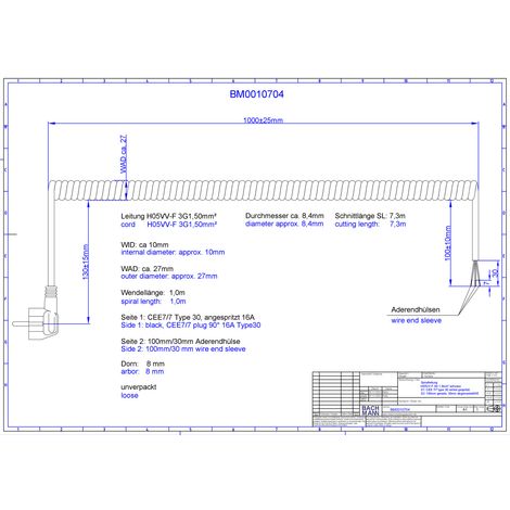 BACHMANN Câble spiralé H05VV-F 3G 1,5mm² L:1,0m n AEH/CEE7/7, BM0010704