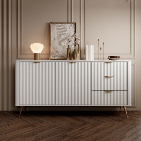 Halilala Anrichte, 3 Schubladen, 2 Regale, Flügeltür, Schiebetür, 163x38x81h cm Weiß (1/5)