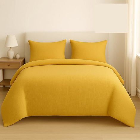 Housse de couette - Gaze de Coton - Jaune - 220x240 cm - 2 Taies 63x63 cm - Tissu Respirant (1/2)