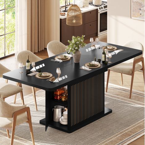 MODFU – Tavolo allungabile 120-160x80x76 cm in MDF/metallo con vano contenitore nascosto e frontali a rilievo verticale, carico 60 kg – Nero (1/5)