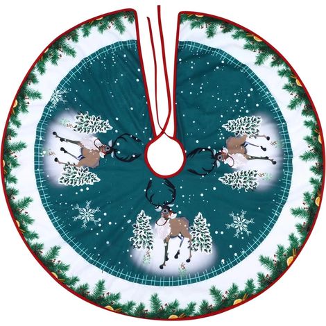 Tapis de sapin de Noël rond de 90 cm en tissu, pliable, avec motif Père Noël et rennes. (1/5)