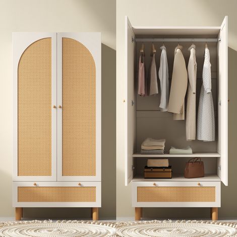 Armoire de chambre 180x85x52 cm, Garde-robe penderie style bohème et campagne, 2 portes en rotin avec 1 grand tiroir et tringle réglable, Blanc (1/5)