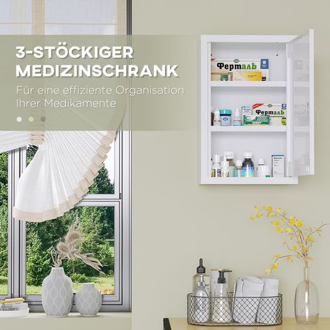 Armoire à pharmacie, 3 compartiments, porte verrouillable, boîtier en acier robuste, blanc, 30 x 14 x 46 cm (1/5)