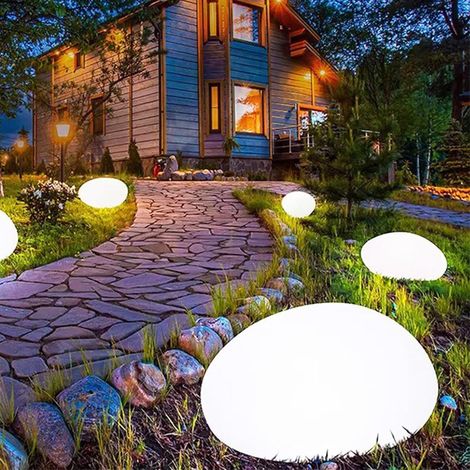 Lot de 2 lampes solaires en forme de galets – Étanche – Lumière blanche – Idéales pour décorer un jardin, une allée, un escalier, une pelouse, une terrasse ou une fête. (1/4)