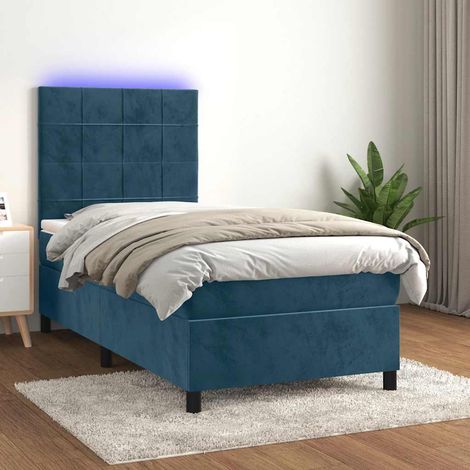 Cama box spring colchón y LED terciopelo azul oscuro 80x200 cm