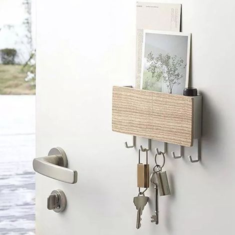Porte-clés mural Japonais Bois avec 5 Crochets Autocollant Multifunction Rack - Natural Wood Color (1/5)