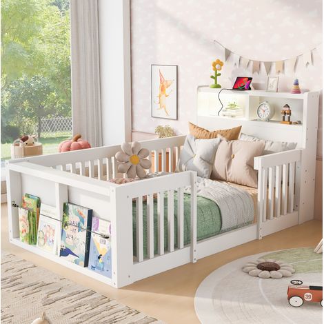 Lit enfant 90 x 190 cm blanc en bois avec barrières hautes, USB et veilleuse (1/5)