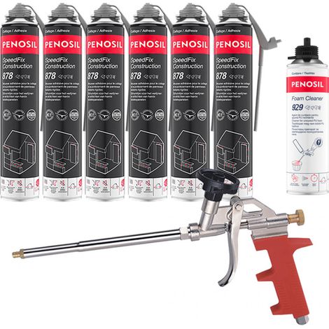 Penosil – Pack de 6 mousses colle universelle 690ml – Pistolable – Nettoyant mousse 500ml – Pistolet manuel – Isolation thermique 0,034 W/m·K