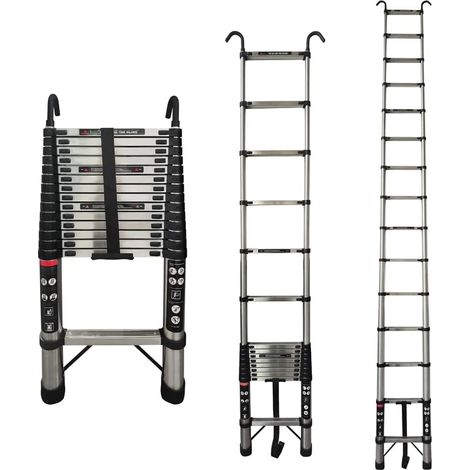 Échelle télescopique en acier inoxydable de 4,4 m avec 2 crochets, échelle coulissante, échelle extensible, échelle multifonctionnelle, charge de 150 kg