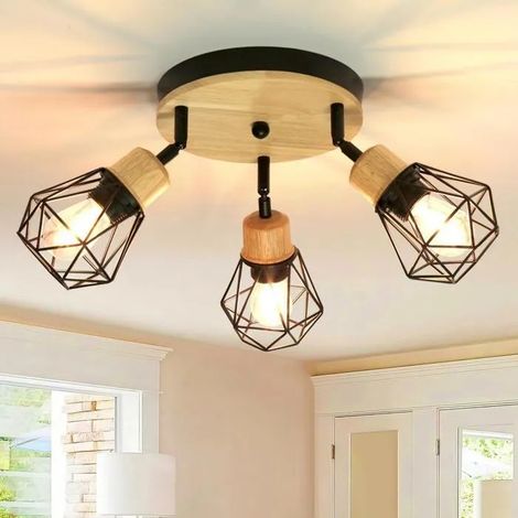 Plafonnier 3 Spots Industriel,Lampe de Plafond Spot Vintage en Bois et Métal Abat-jour Design Cage Style Edison pour Salon (1/5)