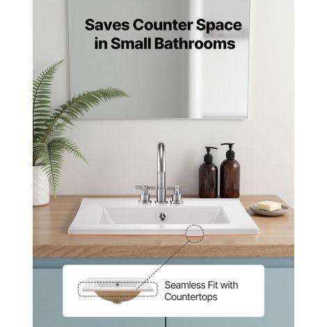 Lavabo de salle de bain semi-encastré, vasque rectangulaire en céramique blanche 510 x 465 mm avec trop-plein et 3 trous de robinet… (1/5)
