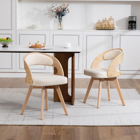 Lot de 2 chaises de salle à manger modernes en bois, dotées de sièges pivotants, de coussins en coton et lin, et de dossiers incurvés — Chaises d'appoint pour cuisine, café et salon (Coton et lin beig (1/4)