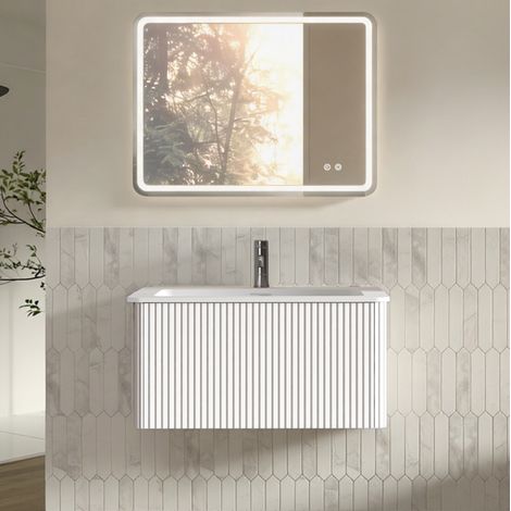 Meuble de salle de bain suspendu 80 cm avec lavabo intégré et miroir LED 60x80 cm blanc REDOM (1/5)