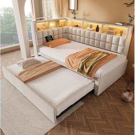 FLORAGRACE Lit gigogne 90x200 cm en lin beige avec lit tiroir 90x190, LED, enceinte Bluetooth, ports USB/Type-C (1/5)