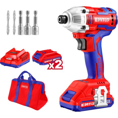 Visseuse à chocs sans fil emtop 20v moteur brushless avec 1 chargeur + 2 batteries lithium-ion 2.0ah 170nm avec 2 embouts de tournevis 3 pièces de réglage d'écrous et sac de transport (1/5)