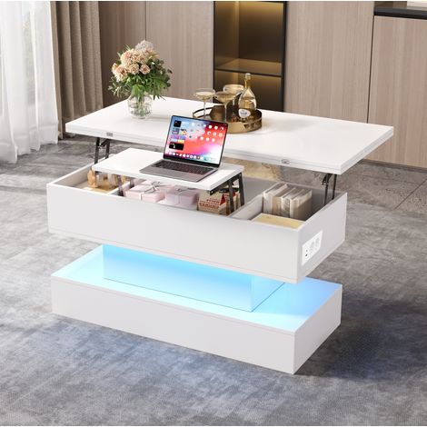 Mesa baja 100x50x51,5 cm blanca abatible con almacenamiento, paneles de partículas MEUBLIV (1/5)