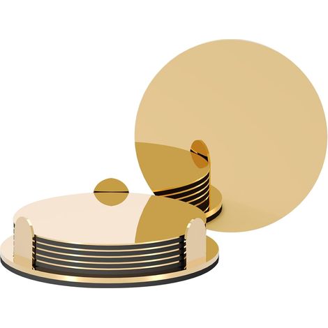 Posavasos de acero inoxidable color dorado de 6 piezas con soporte y tapete para bebidas con espejo (1/5)