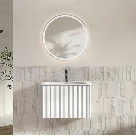 Conjunto de baño suspendido blanco con lavabo de 61 cm y espejo LED redondo de 60 cm OKWISH (1/5)