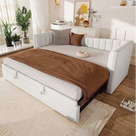 Letto bambino 90x200 cm con letto estraibile 90x190 cm, in velluto, senza materasso, bianco (1/5)