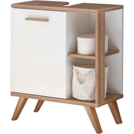 Badezimmer Waschbecken-Unterschrank MALANJE-66 in weiß glänzend & Riviera Eiche quer Nb. - B/H/T: 60,5/65/33cm (1/4)