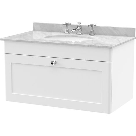 Swynnerton Traditional 1 Drawer Wall Hung Vanity Unit with Marble Basin, Satin White, 800mm
