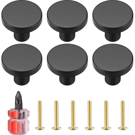 6 Pièces Boutons de Tiroir en Laiton Noir, Boutons de Meubles Armoire Ronds en Noir, Poignees de Porte de Cuisine pour Décor, avec tournevis - 20 25 mm (1/5)