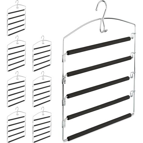 8 perchas múltiples de metal, Pantalones y faldas, Antideslizante, HxLxP: 44, 5 x 37 x 2,7 cm, plata/negro