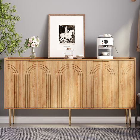 Credenza da soggiorno in legno con 4 ante, scomparti portaoggetti e gambe in metallo, finitura naturale (1/5)