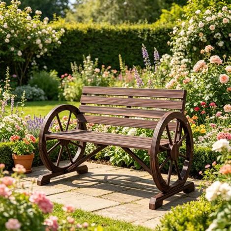 Panchina da giardino in stile vintage con braccioli a forma di ruota di carro, classica panchina in legno dal design unico, panchina doppia disponibile in loco. (1/5)