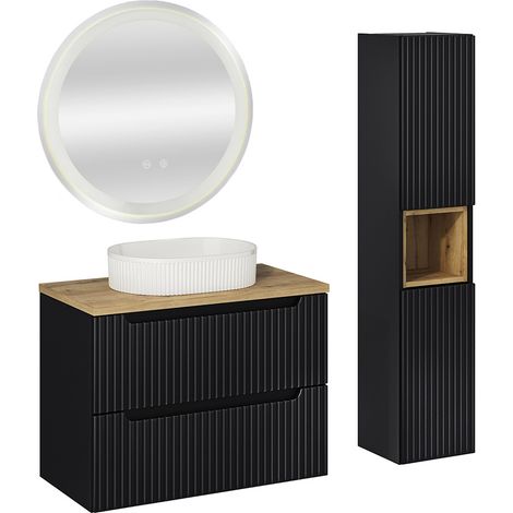 Badmöbel Set 3-teilig, 80cm Waschtisch & LED-Spiegel, in schwarz mit Eiche, gerillte Front, NEWPORT-56-BLACK (1/5)