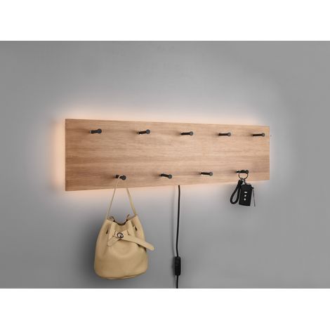 LED Holzbalken Wandgarderobe SAMANTHA mit 9 Haken 75x30cm