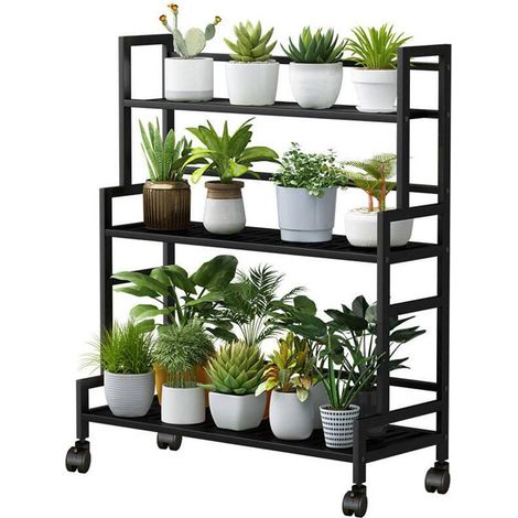 Étagère Plante métal avec Roues, 3 niveaux étagère échelle de Fleuriste en Fer Forgé for Terrasse Jardin, Intérieur Extérieur Métal Support de Plante, Support Jardinière Décoratif Balcon - Noir (1/5)