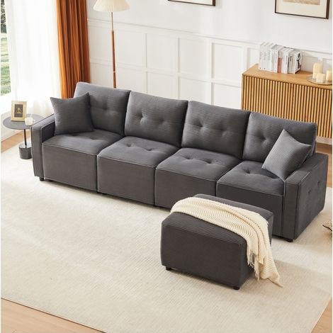 Divano dritto modulare da 4 posti in velluto a coste (panno), con vano portaoggetti e pouf, grigio (1/5)
