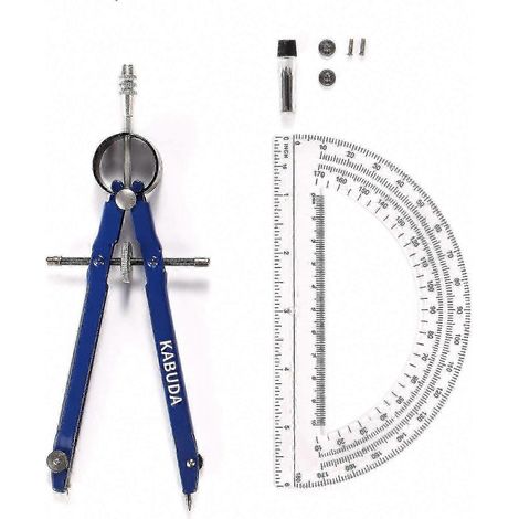 Ensemble de compas à ressort métallique professionnel avec rapporteur, verrou, mines de crayon et vis de rechange pour la géométrie, les mathématiques et le dessin technique. (1/5)