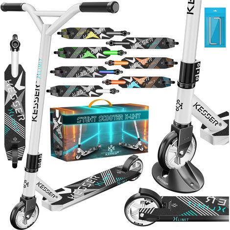 KESSER® Scooter Funscooter Stuntscooter X-Limit - 360° Lenkung mit ABEC 9 Kugellagern 100 mm PU Räder Robuster Kickscooter Tretroller Cityroller Weiß / Schwarz