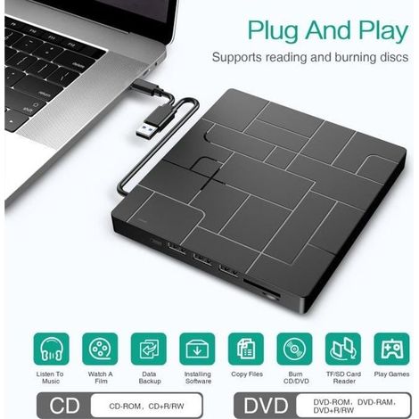 Lecteur CD DVD Externe USB 3.0 &Type-C, Graveur CD DVD Externe CD/DVD /-RW/ROM, Transmission à Grande (1/4)